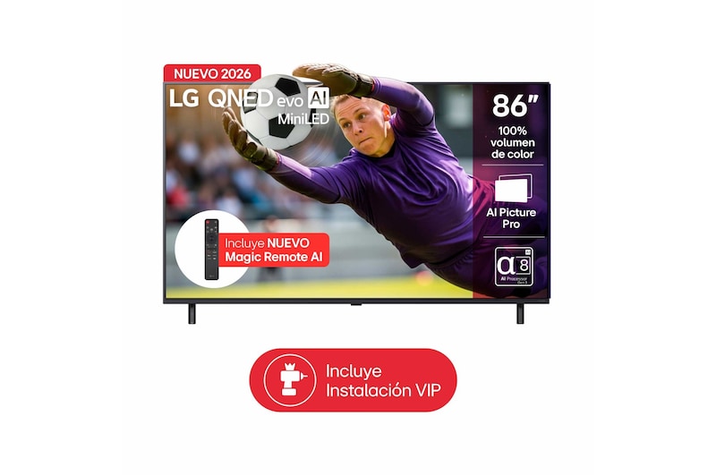 Vista frontal de TV LG 86" QNED evo AI 4K – Jugadas en su máxima expresión 86QNED85BSG